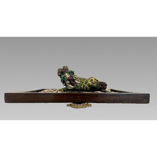 Mounted Antique Chinese Mythical 'Scaled Qilin' Dragon, Glazed Shiwan Tile, Framed Wall Hanging For Sale - Image 10 of 11