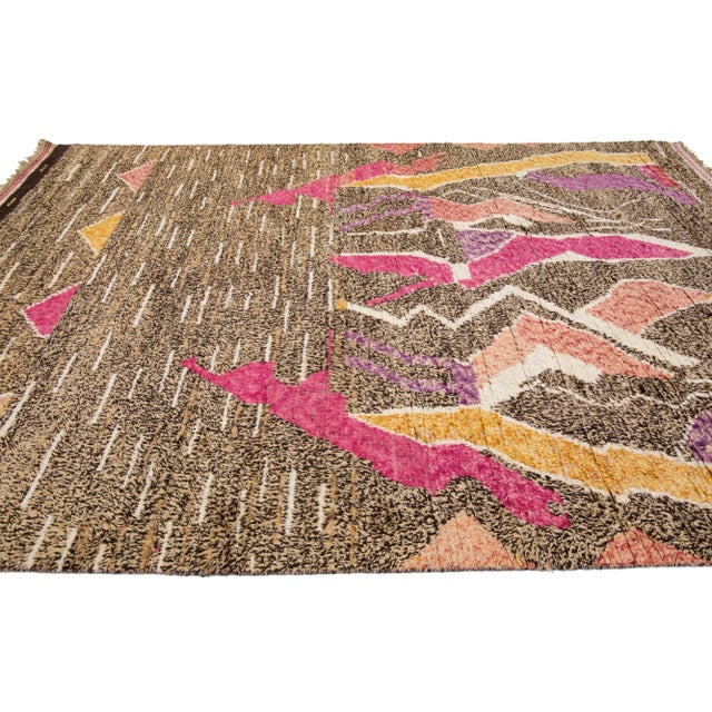 2020s Modern Moroccan Style Tan Handmade Wool Rug With Multicolor Abstract Design For Sale - Image 5 of 11