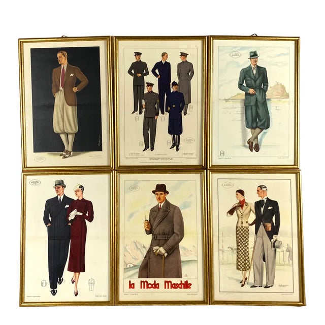 La Moda Maschile, Set of 6 Framed Original Illustrations of Mens Fashion 30s, Italy, 1920s For Sale - Image 11 of 11