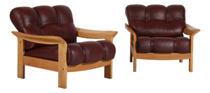 Brutalist Lounge Chairs in Oak and Reddish Brown Leather, 1970s, Set of 2