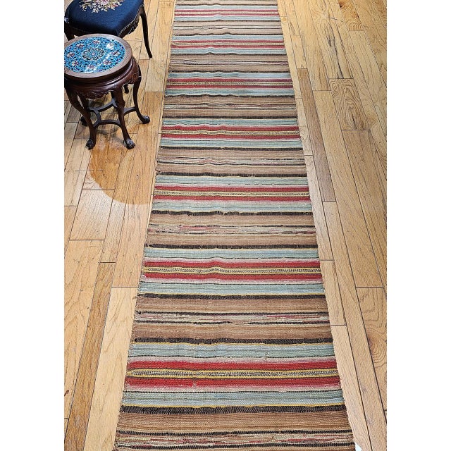 Textile Antique American Amish Rag Runner, Handwoven Wool & Cotton, Stripe Pattern, 3x15 For Sale - Image 7 of 16