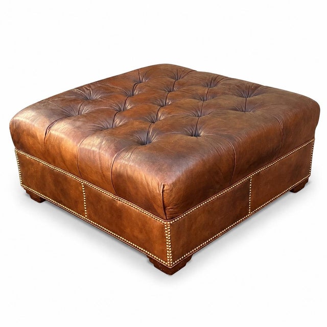 1990s Hancock & Moore Tufted Whiskey Brown Chesterfield Style Square Ottoman Coffee Table For Sale In Atlanta - Image 6 of 6