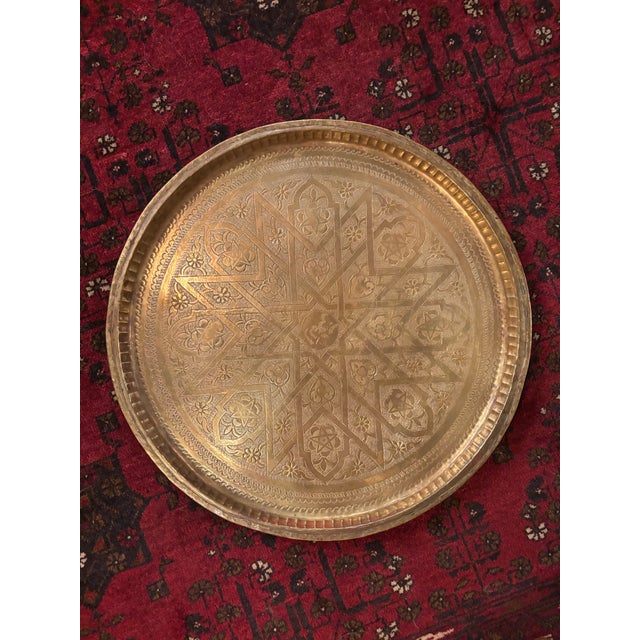 Photography 19th Century Islamic Brass Tray | Indo-Persian Hand-Engraved Geometric & Floral Decoration | Antique Tabletop For Sale - Image 7 of 7
