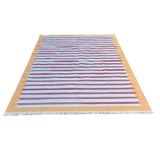Handmade Cotton Area Rug Vegetable Dyed Sky Blue, Pink and Tan Striped Rug-12'x15' For Sale - Image 9 of 11