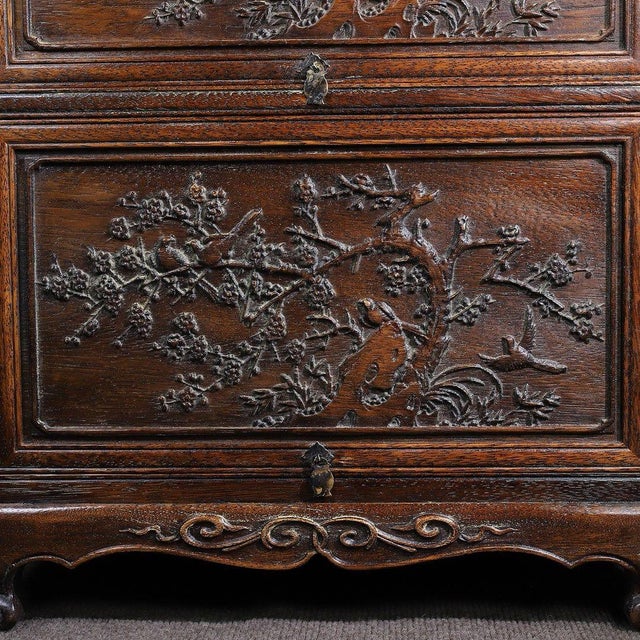 Vintage Rosewood Sliding Door Cabinet With Magpie & Plum Carving For Sale In Los Angeles - Image 6 of 10