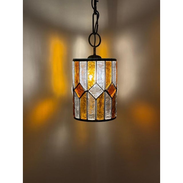 Brutalist Longobard Lantern Pendant in Hammered Glass, Italy, 1960s For Sale - Image 15 of 17