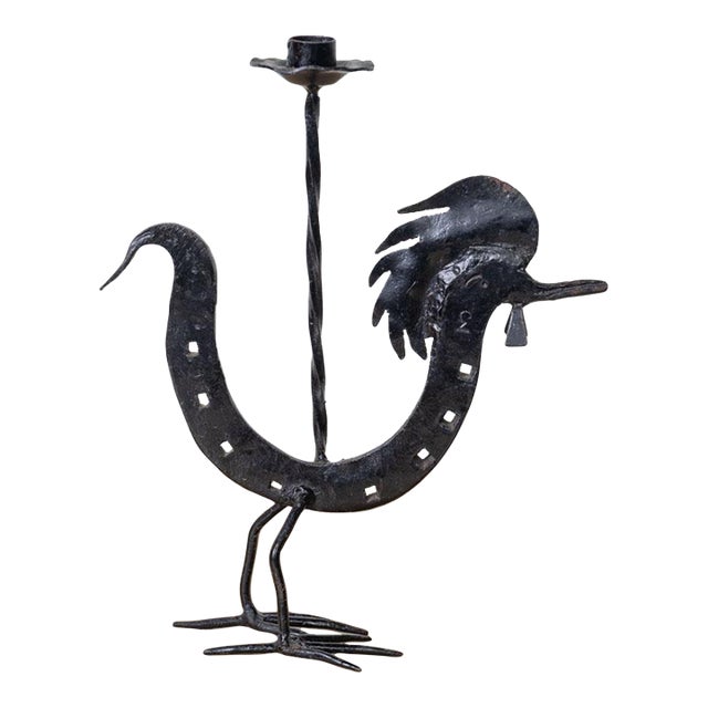 1950s French Black Iron Rooster Candlestick For Sale
