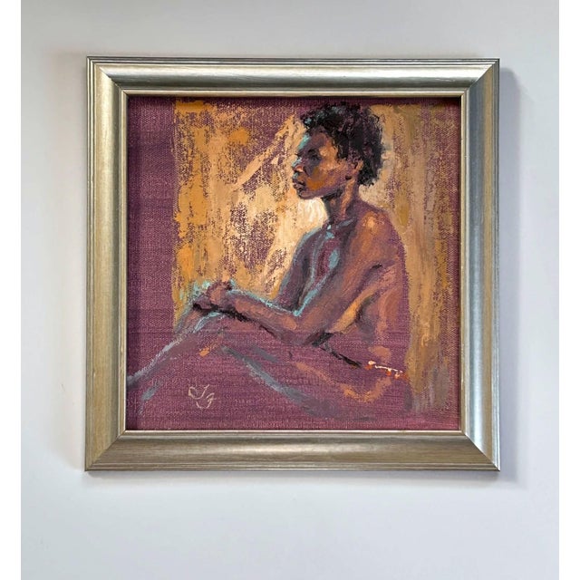 This oil on canvas panel presents a contemplative figure seated against a textured backdrop of warm hues. The interplay of...