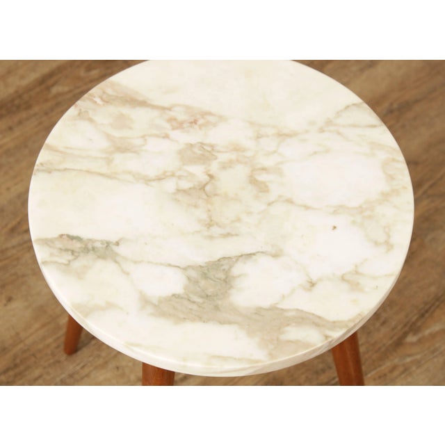 Off-white Mid Century Modern Marble Top Walnut Plant Stand or Side Table For Sale - Image 8 of 13