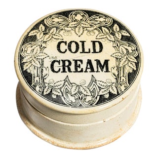 Wonderful Antique Victorian English Cold Cream Pot Lidded Apothecary Jar Black Transferware Vanity Home Decor For Sale