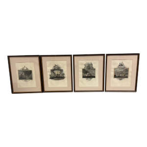 Maritime Battle Engravings, Framed, Set of Four