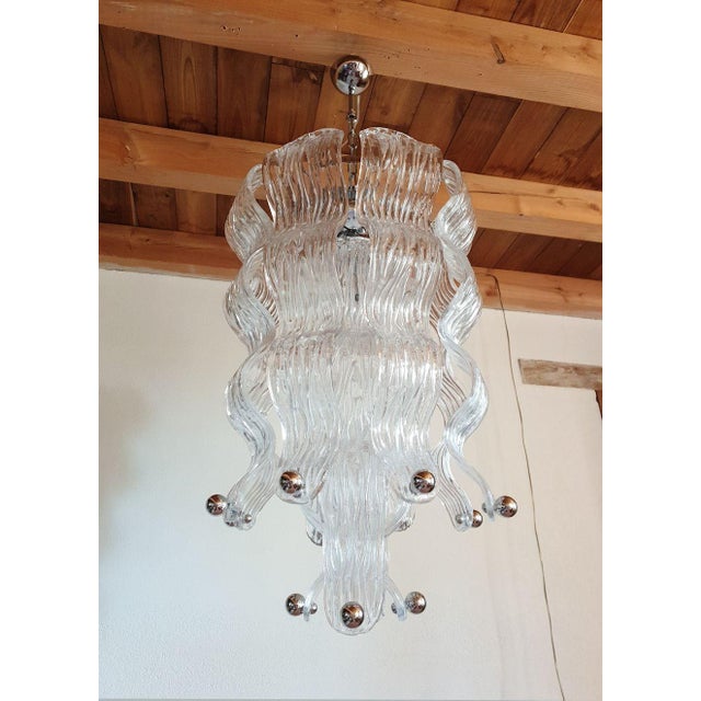 Metal 1970s Murano Glass and Chrome Chandelier-Italy For Sale - Image 7 of 15