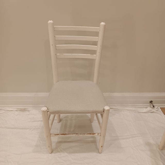 White Vintage Wood Ladder Back Child's Accent Chair With Light Grey Upholstered Seat. Set of 4 For Sale - Image 8 of 12