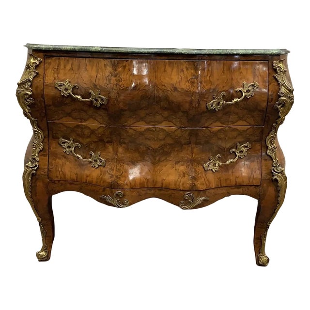 Vintage French Louis XV Style Bombe Commode Chest With Green Marble Style Top For Sale