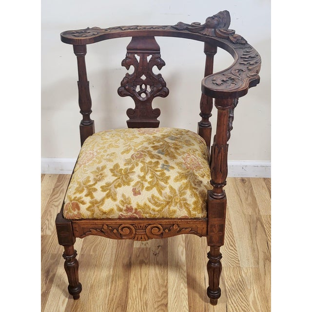 Pair Antique Italian Renaissance Angel & Griffon Carved Walnut Corner Chairs For Sale - Image 4 of 16