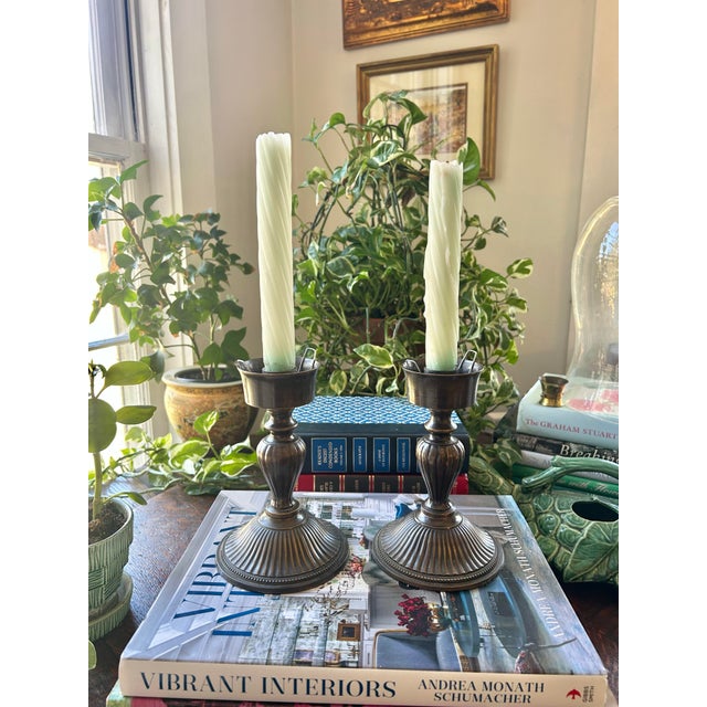 Late 20th Century Vintage Bronze Finish Brass Candleholders With Etched Glass Globes - A Pair For Sale - Image 5 of 12