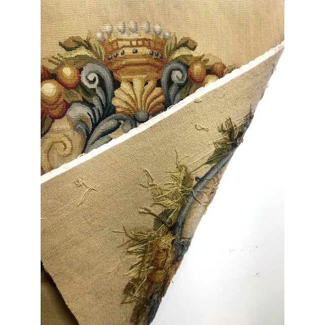 1990s Hand Woven Wool Tapestry Fragment With Embellished Crest Design in Tones of Soft Blue, Sand and Butterscotch For Sale - Image 5 of 6