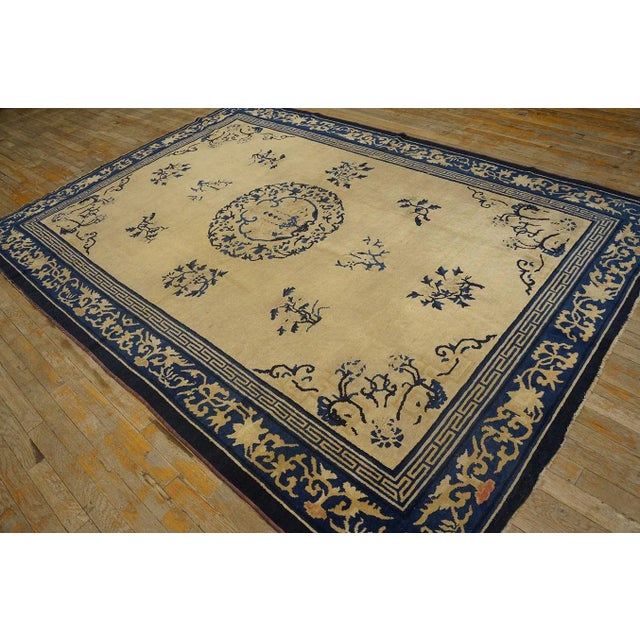 1920s Beige Medallion Greek Key Antique Chinese Peking Rug 6'2"x8'8" Wool Knotted Carpet For Sale - Image 4 of 9