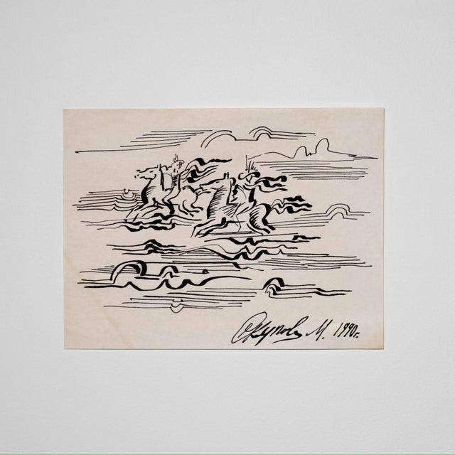 1990s Artist Signed Abstract Ink on Paper Drawing of Horseman in Motion This expressive drawing captures the energy of a...