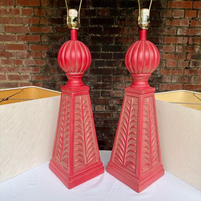 2000 - 2009 2004 Serge Roche Style Palm Beach Regency Coral Plaster Obelisk Table Lamps by Pieri Creations - A Pair For Sale - Image 5 of 17