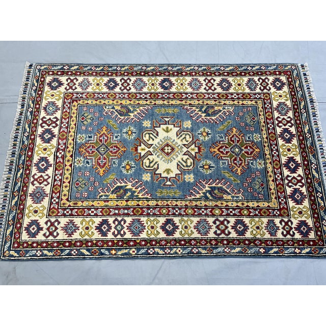 Art Deco Blue Kazak Wool Rug With Three Medallions and Ivory Border, 3'4" X 4'10" For Sale - Image 3 of 14
