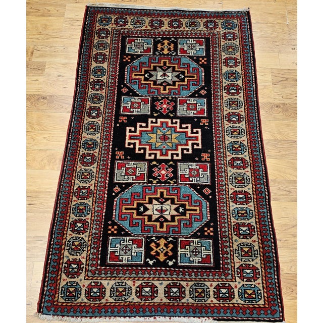 Late 20th Century Vintage Persian Kurdish Area Rug, Handwoven Geometric Pattern, Navy & Tan, 3’ X 5’ For Sale - Image 5 of 12