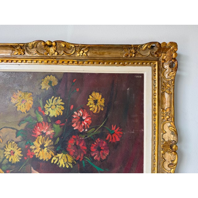 Textile 1960s Vintage Tian Impressionist Floral Still Life Oil on Canvas Painting – Ornate Gold Wood Frame For Sale - Image 7 of 12