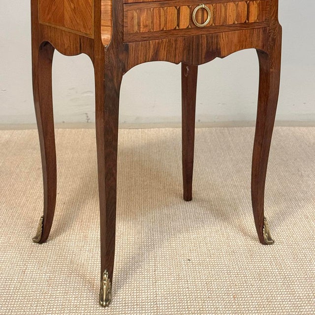 Burnt Umber Pair of French Marble Top Marquetry Side Tables ~ Nightstands For Sale - Image 8 of 18