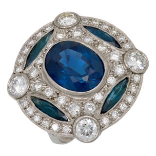 1950s Gia 5.70 Carat Sapphire Diamond Platinum Cocktail Ring, Size 7.25 For Sale