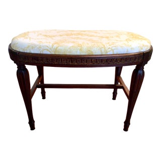Vintage 1940s French Style Window Vanity Bench - Newly Upholstered in a Yellow Toile Fabric For Sale