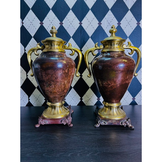 1970s Grand Neoclassical Patinated Metal Urns With Gilt Scroll Handles, Pair, 16" For Sale - Image 4 of 15