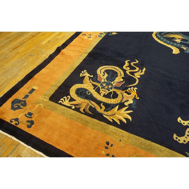 Navy Blue 19th Century Chinese Peking Dragon Phoenix Flowers Carpet 10'2'' X 13'5'' Rug For Sale - Image 8 of 10
