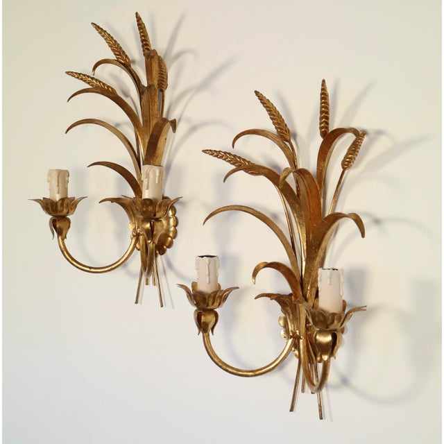 1950s Italian Gilded Tole Wheat Sconces - A Pair For Sale - Image 6 of 7