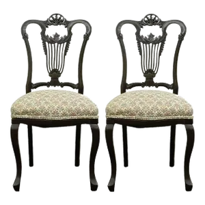 Early 20th Century Antique Victorian Carved Mahogany Lyre Back Small Accent Side Chairs - a Pair