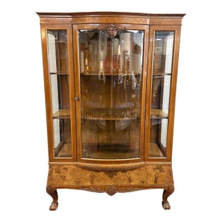 Vintage Burled Walnut Bowfront Curio China Cabinet For Sale