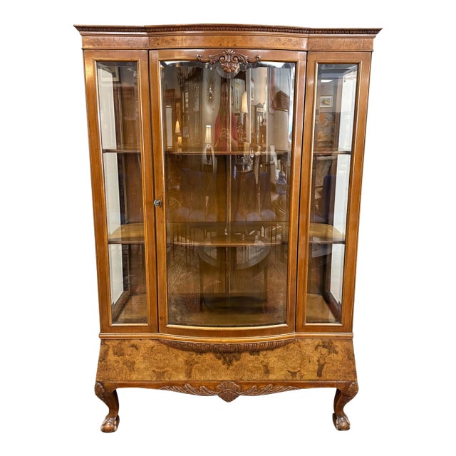 Vintage Burled Walnut Bowfront Curio China Cabinet For Sale