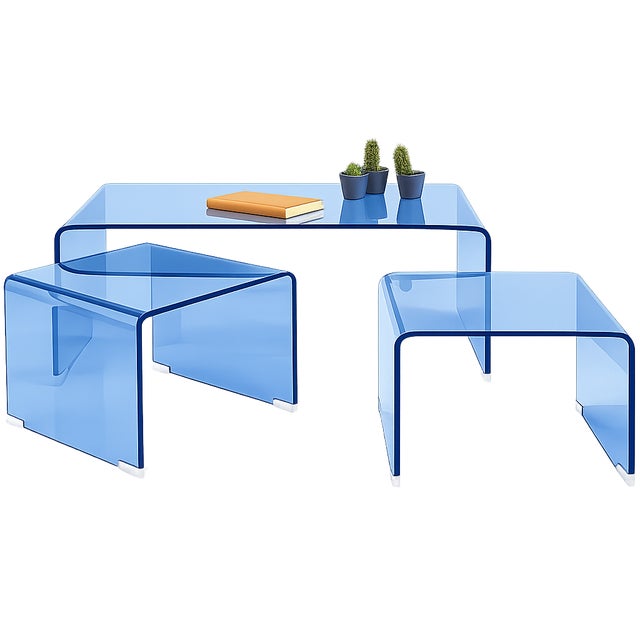 Modern Contemporary Blue Acrylic Nesting Tables – Statement Coffee Table Set For Sale - Image 3 of 5