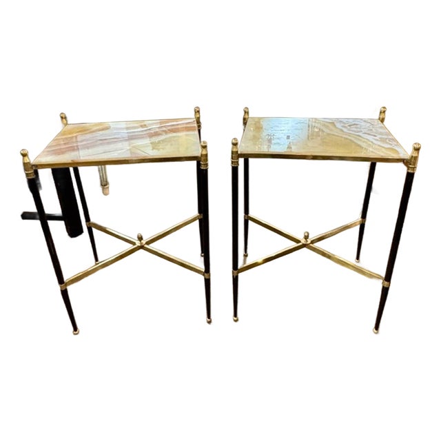 Pair of French Directoire’ Style Steel and Onyx Side Tables For Sale