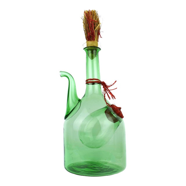 Vintage Hand Blown Italian Green Glass Wine Decanter Carafe With Ice Chamber Chiller and Stoppers For Sale