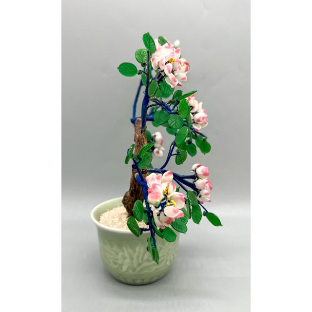 Vintage Chinese Glass Cherry Blossom Bonsai Tree in Celadon Pot For Sale In Houston - Image 6 of 10