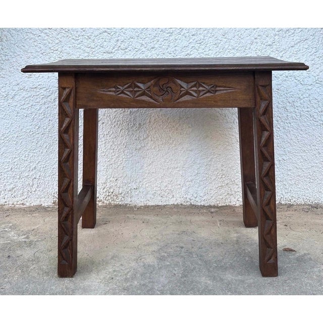 Rustic Late 19th Century Side Table Handmade Carved Oak Wood For Sale - Image 3 of 6