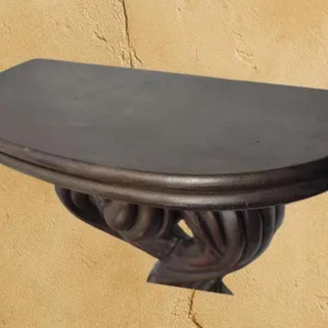 Gothic 1970s Italian Hand-Carved Dark Wood Wall Bracket Shelf, Old World Scroll Demilune, Made in Italy For Sale - Image 3 of 14