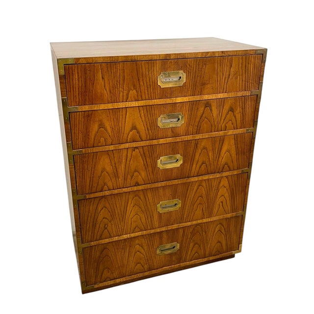 Campaign Vintage Campaign Style Five Drawer Dresser by Dixie With Brass-Toned Hardware and Dovetailed Drawers For Sale - Image 3 of 11