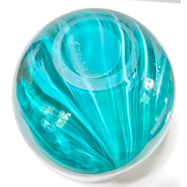 Large Hand-Blown Turquoise Swirl Art Glass Bowl or Cachepot For Sale In Louisville - Image 6 of 8