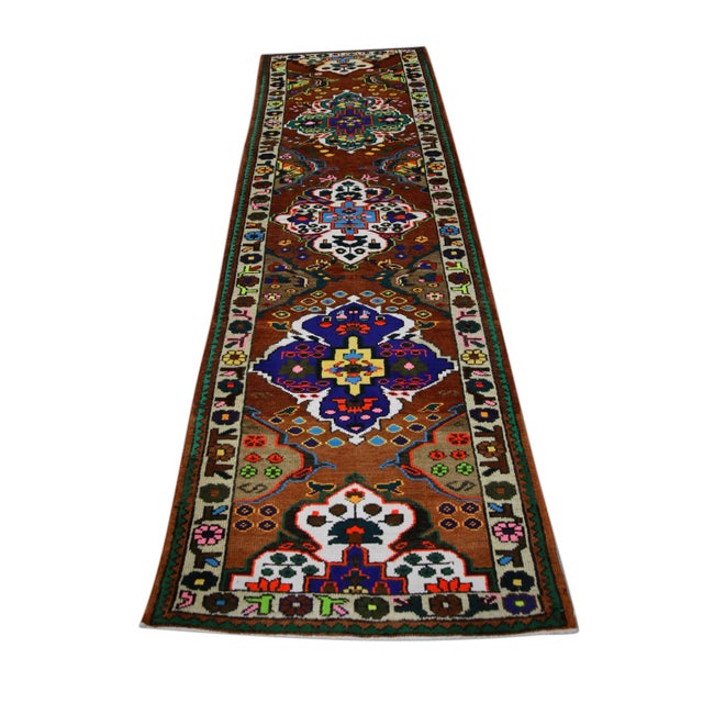 1960s 1960s Brown Colorful Geometric Design Handwoven Wool Vintage Turkish Oushak Runner 3'5" X 11' For Sale - Image 5 of 6