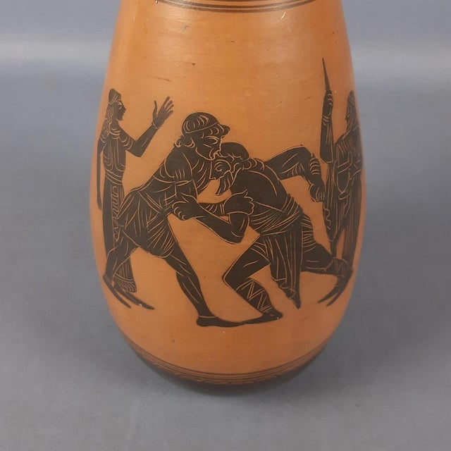Greek Terracotta Vase with Ancient Fighting Mythological Black Figures For Sale - Image 9 of 12