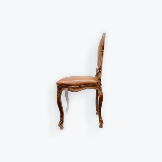 French Country 18th C Hand Carved Oak French Chair. Upholstered in Carmel Leather W Nailhead Trim. 8 Available. For Sale - Image 3 of 6