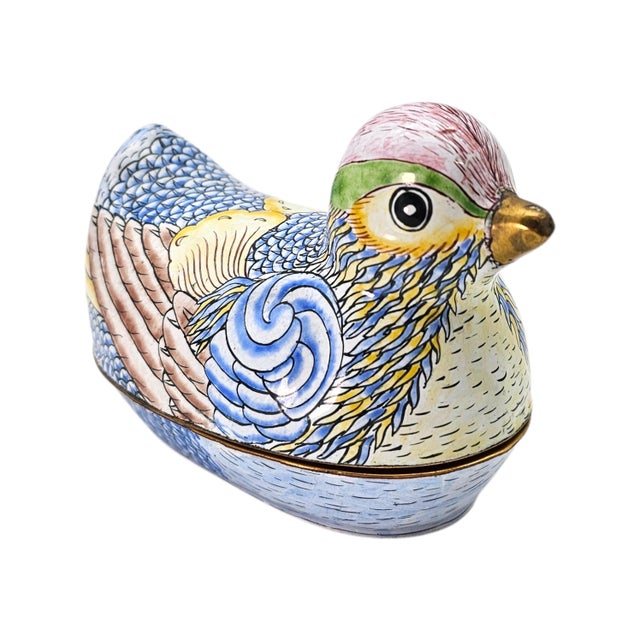 Paint Vintage Chinese Cloisonné Enamel Copper Bird Trinket Box, Hand Painted, 5" For Sale - Image 7 of 18