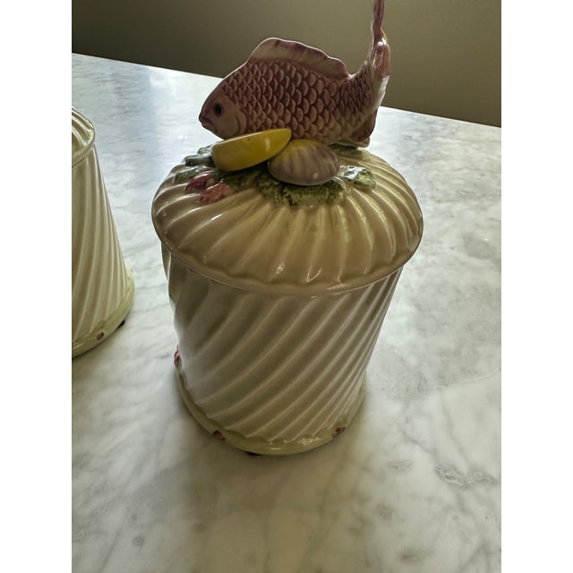 1980s Fitz & Floyd Majolica Ironstone Canisters- Set of 2 For Sale - Image 11 of 11