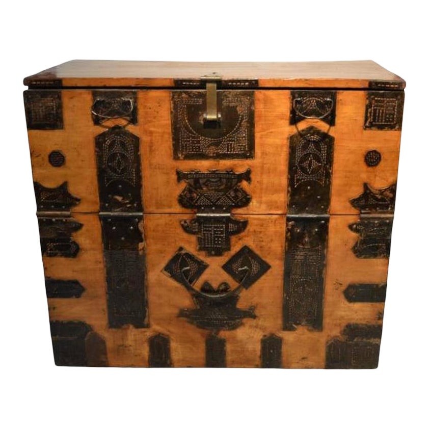 Antique Korean Blanket Chest With Carved Ornate Hardware, 19th Century